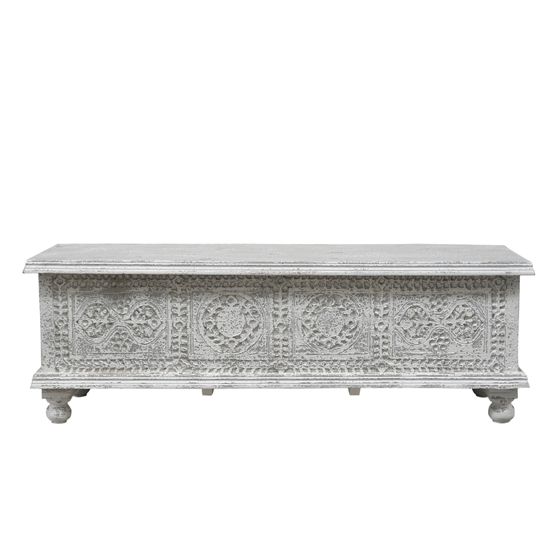 Pemberly Row Traditional Carved Solid Wood Storage Ottoman in White