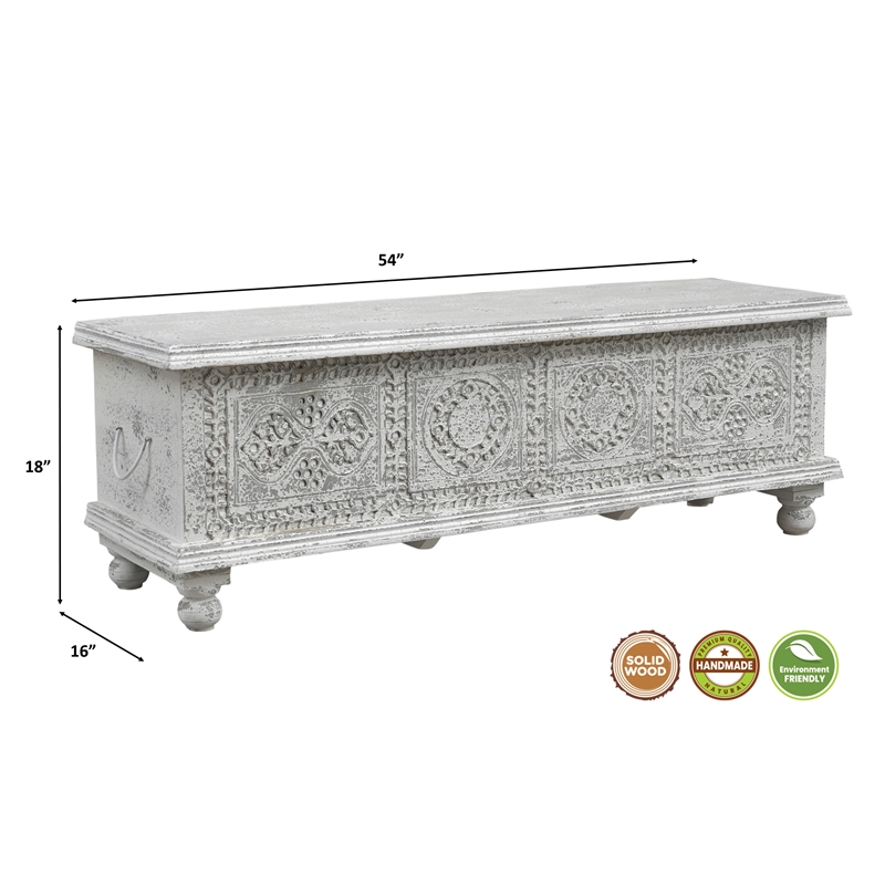 Pemberly Row Traditional Carved Solid Wood Storage Ottoman in White