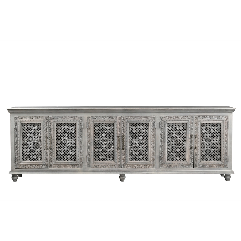 Pemberly Row Traditional 6-Door Carved Solid Wood Sideboard in Gray
