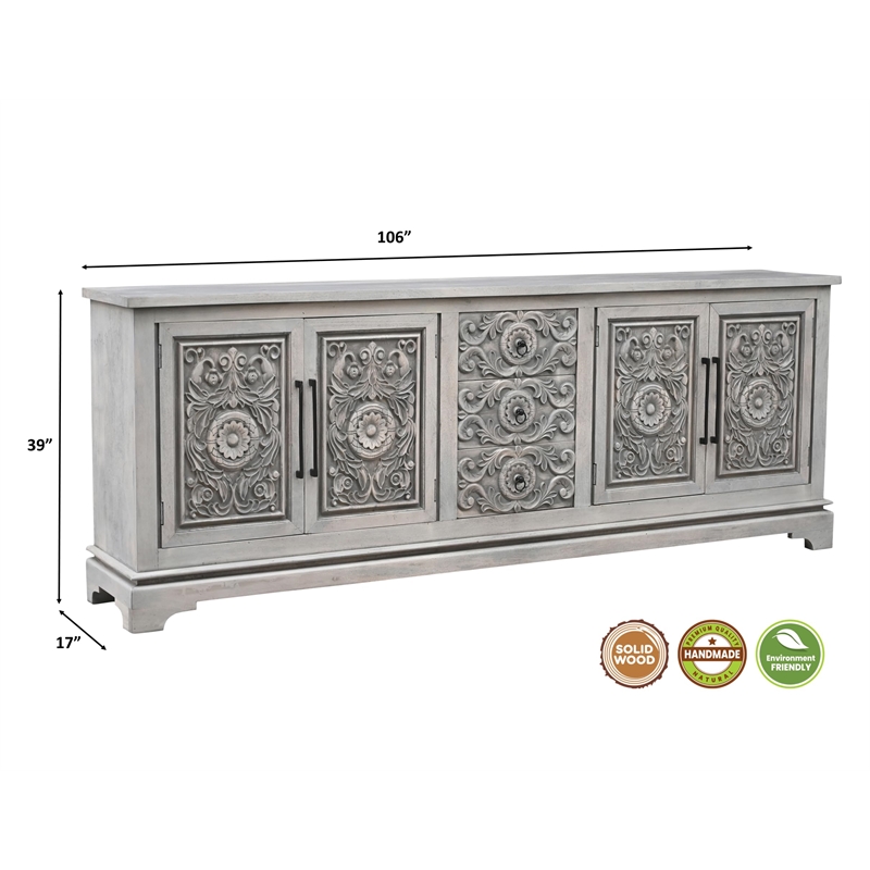 Pemberly Row 3-drawer 4-Door Cared Solid Wood Sideboard in Brown