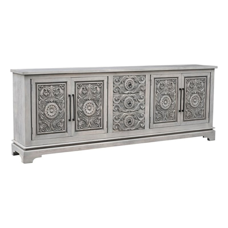 Pemberly Row 3-drawer 4-Door Carved Solid Wood Sideboard in Gray