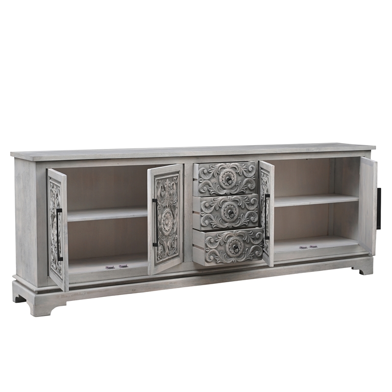 Pemberly Row 3-drawer 4-Door Carved Solid Wood Sideboard in Gray