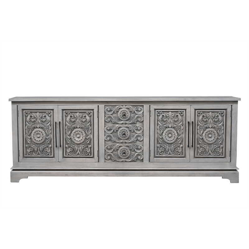 Pemberly Row 3-drawer 4-Door Carved Solid Wood Sideboard in Gray