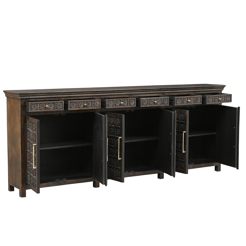 Pemberly Row 6-drawer 6-Door Carved Solid Wood Sideboard in Brown