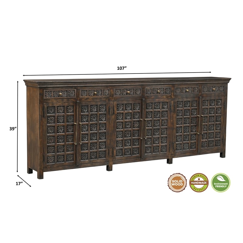 Pemberly Row 6-drawer 6-Door Carved Solid Wood Sideboard in Brown