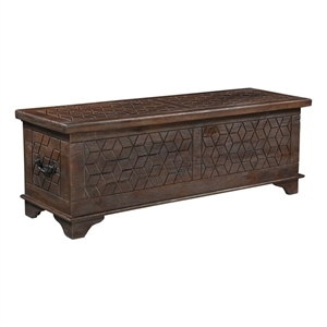 Pemberly Row Brown Solid Wood Storage Ottoman with Geometric Carved Design