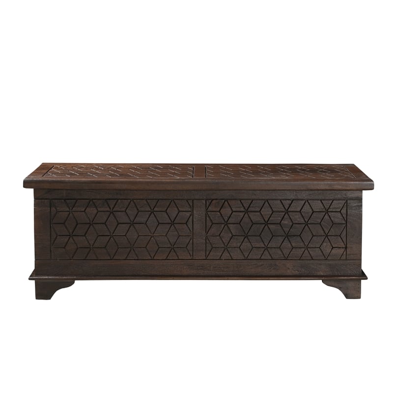 Pemberly Row Brown Solid Wood Storage Ottoman with Geometric Carved Design