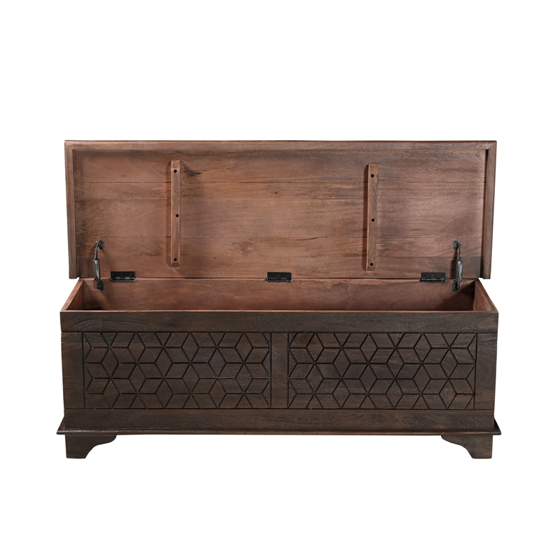 Pemberly Row Brown Solid Wood Storage Ottoman with Geometric Carved Design