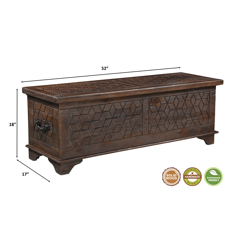 Pemberly Row Brown Solid Wood Storage Ottoman with Geometric Carved Design