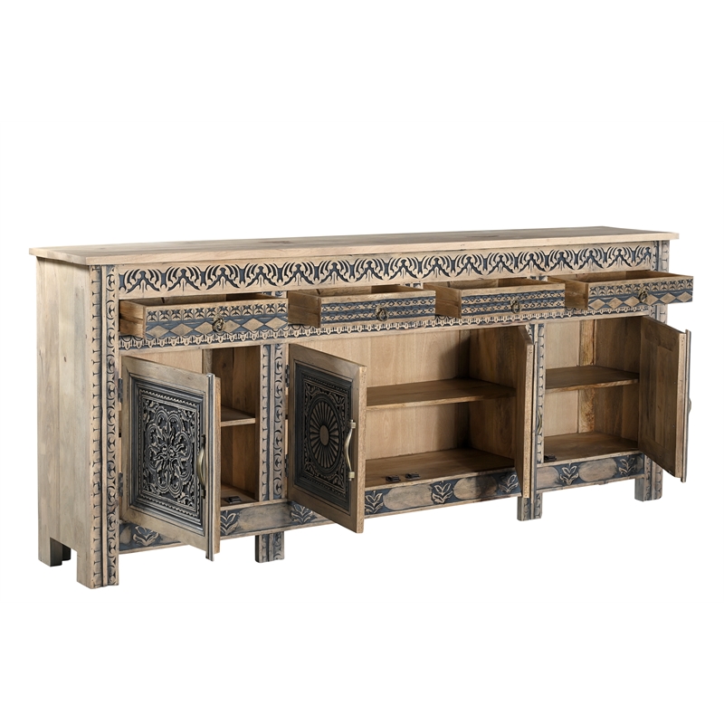 Pemberly Row 4-drawer 4-Door Solid Wood Sideboard in Beige/Black