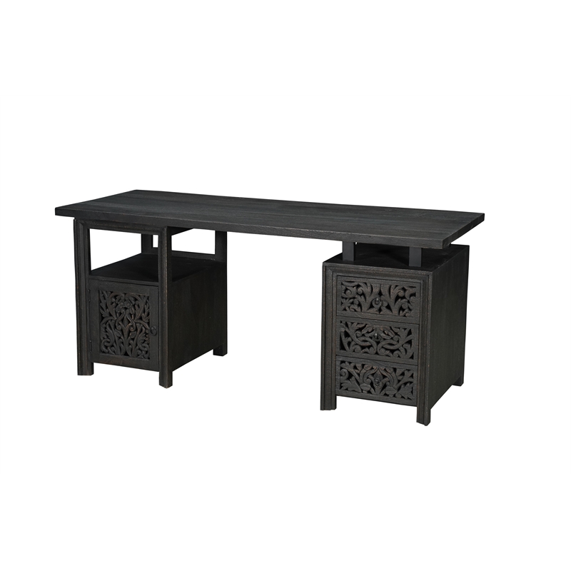 Pemberly Row Floral Carved Solid Wood Desk with 3 Drawers and 1 Cabinet in Black