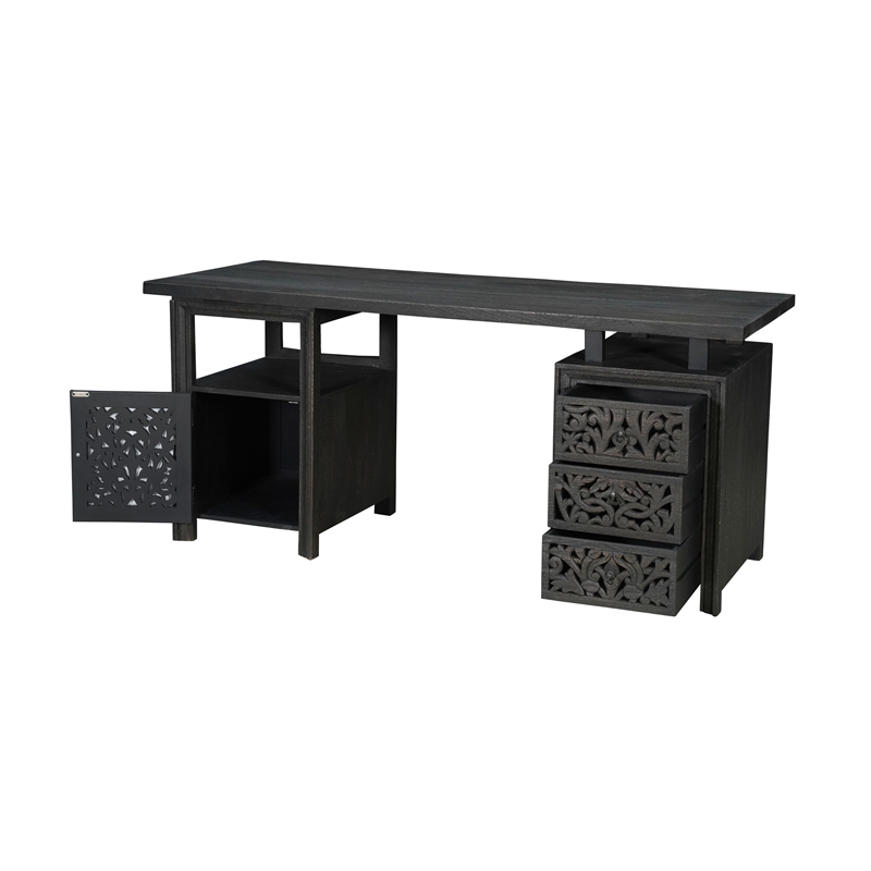 Pemberly Row Floral Carved Solid Wood Desk with 3 Drawers and 1 Cabinet in Black