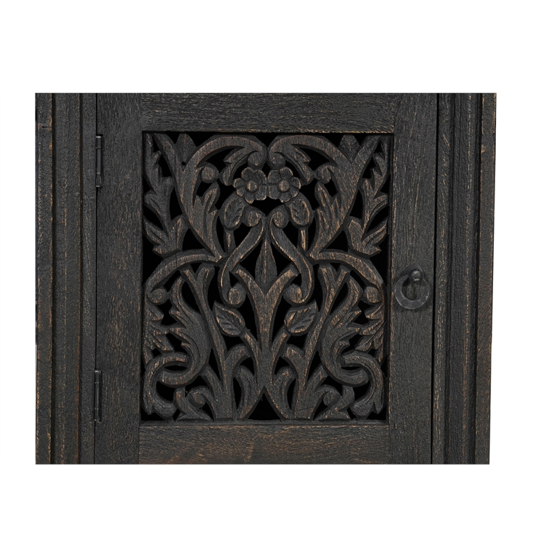 Pemberly Row Floral Carved Solid Wood Desk with 3 Drawers and 1 Cabinet in Black