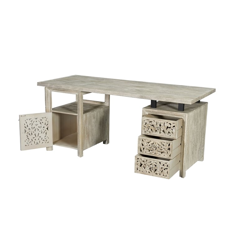 Pemberly Row Floral Carved Solid Wood Desk with 3 Drawers and 1 Cabinet in White