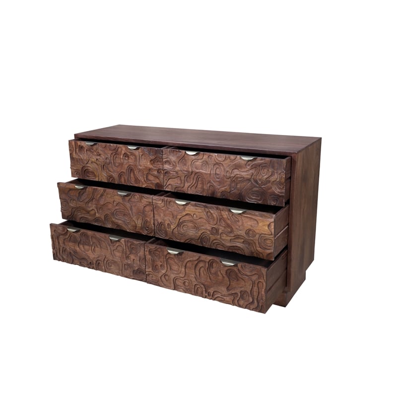 Pemberly Row Carved and Handcrafted Solid Wood Dresser with 6 Drawers in Brown