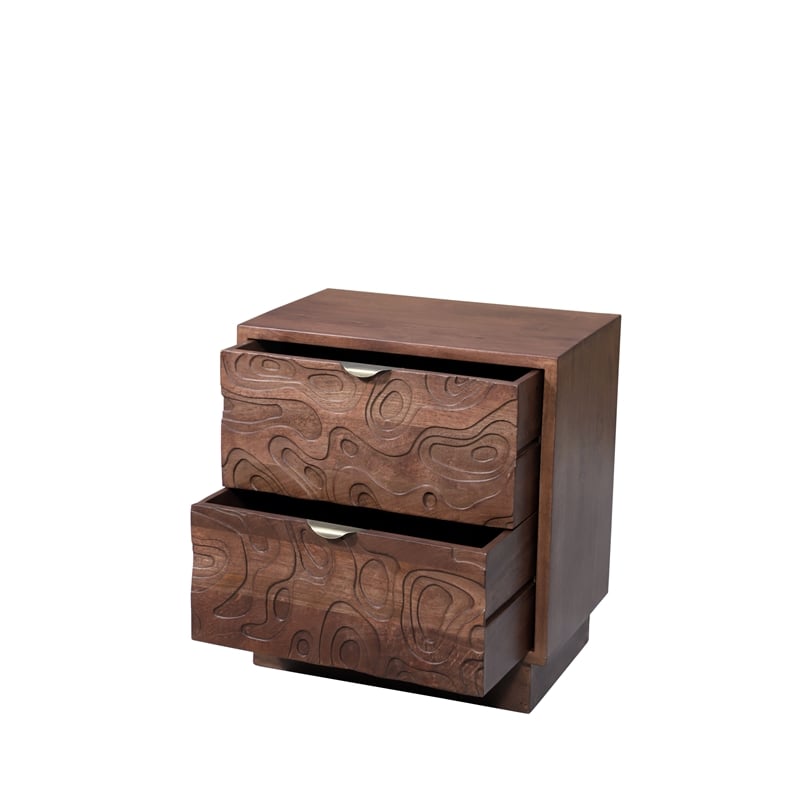 Pemberly Row Modern Carved Solid Wood Nightstand with 2 Drawers in Dark Brown