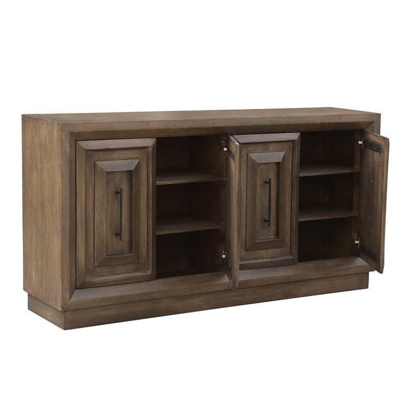 Pemberly Row Carved Handcrafted Solid Wood Sideboard with 4 Doors in Brown