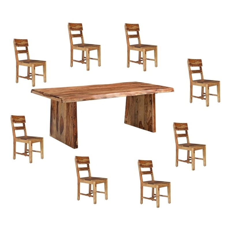 Pemberly Row Brown Solid Wood 9-Piece Dining Set with Live Edge Table and Chairs