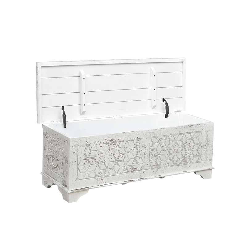 Pemberly Row White Solid Wood Storage Ottoman with Geometric Carved Design