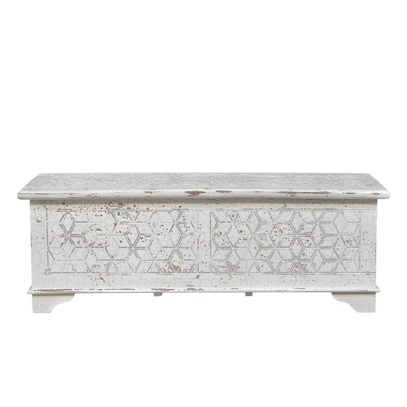 Pemberly Row White Solid Wood Storage Ottoman with Geometric Carved Design