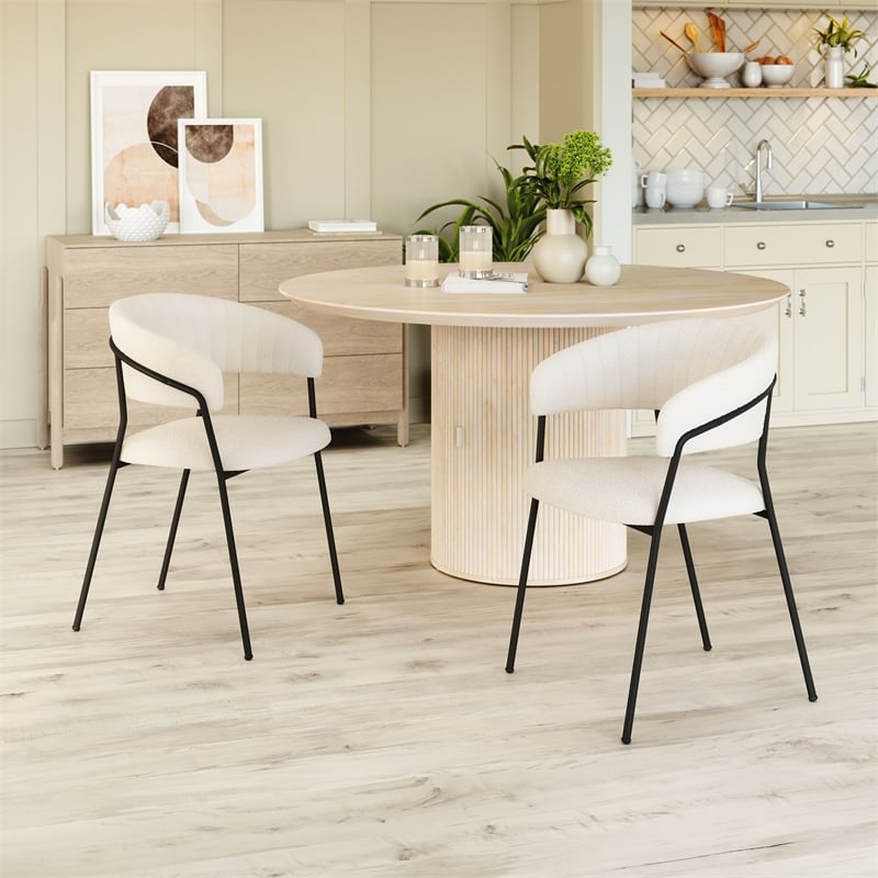 Pemberly Row Shearling Fabric Polyester Upholstered Dining Chair in Cream/Black