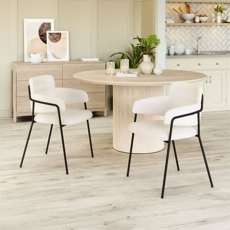 Pemberly Row Shearling Fabric Polyester Upholstered Dining Chair in Cream/Black