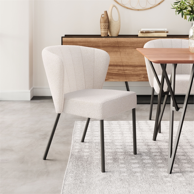 Pemberly Row Shearling Style Fabric Upholstered Dining Chair in Cream/Black
