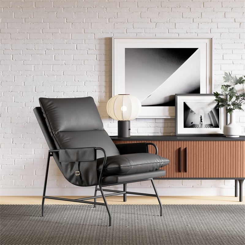 Pemberly Row Contemporary Plush Faux Leather Upholstered Accent Chair in Black