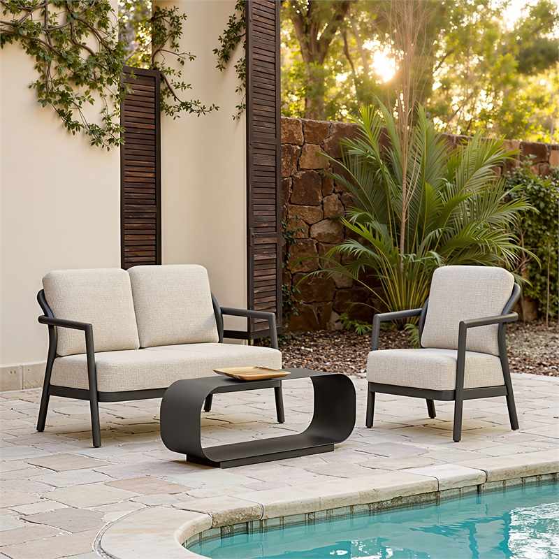 Pemberly Row Contemporary Aluminum Outdoor Accent Chair Beige