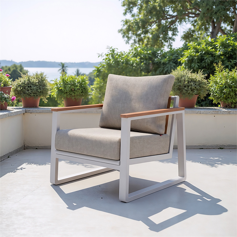 Pemberly Row Contemporary Aluminum Outdoor Armchair Taupe & White