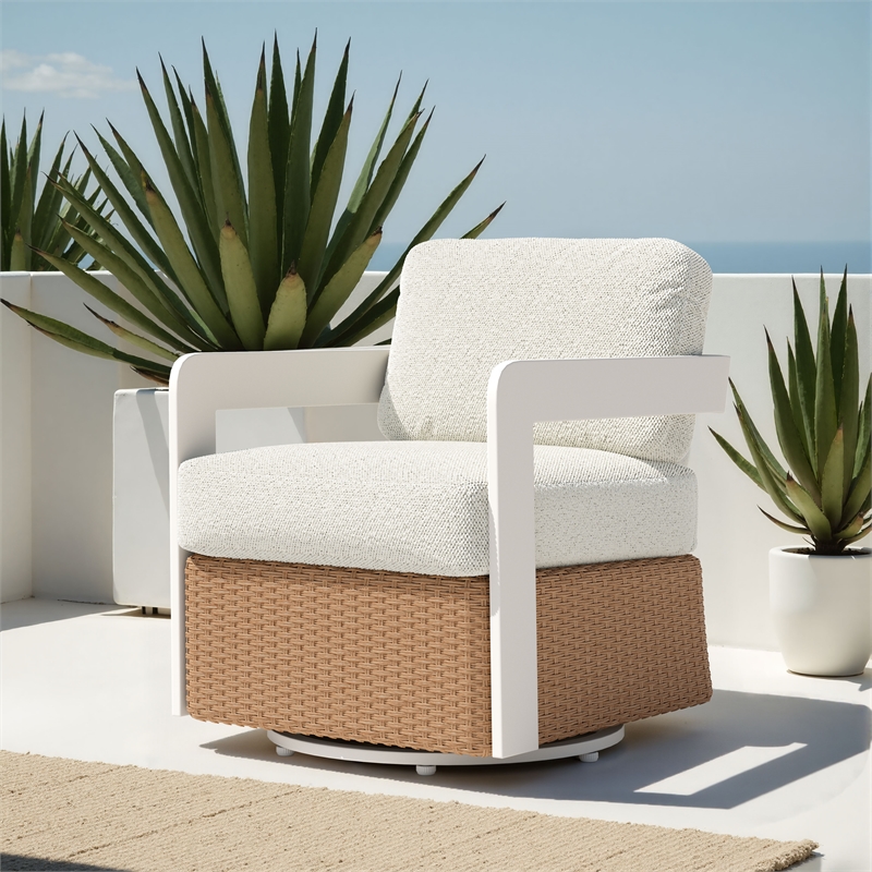 Pemberly Row Contemporary Outdoor Swivel Chair White & Brown