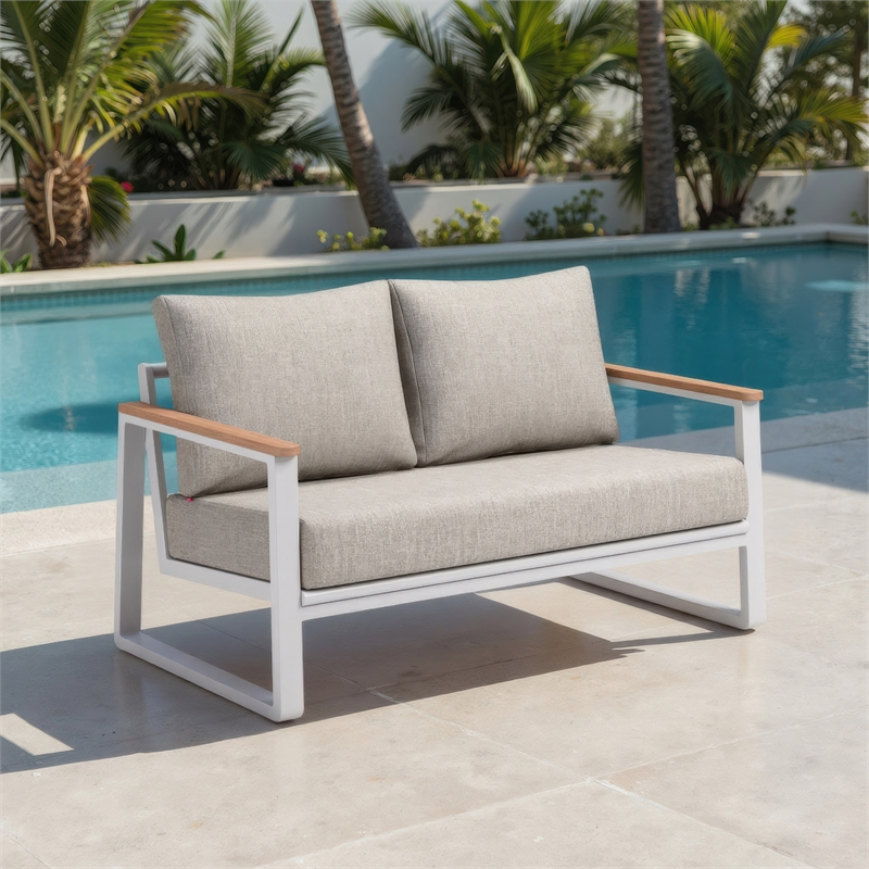 Pemberly Row Contemporary Aluminum Outdoor Sofa Taupe & White