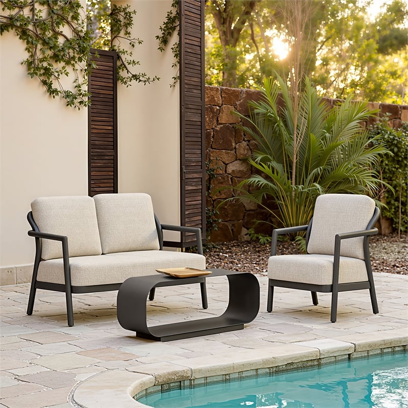 Pemberly Row Contemporary Assembled Aluminum Outdoor Loveseat Beige