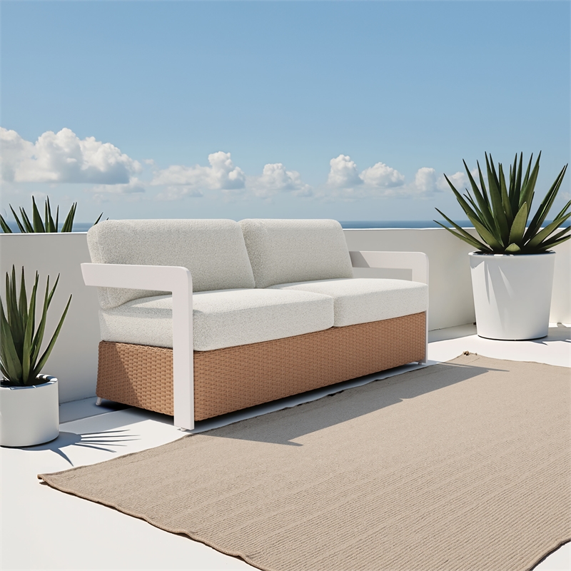 Pemberly Row Contemporary Aluminum Outdoor Sofa White & Brown