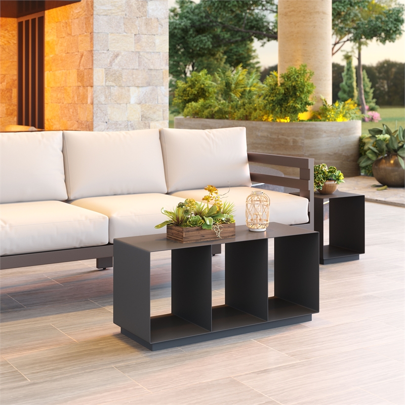 Pemberly Row Contemporary Faux Wood Aluminum Coffee Table in Charcoal