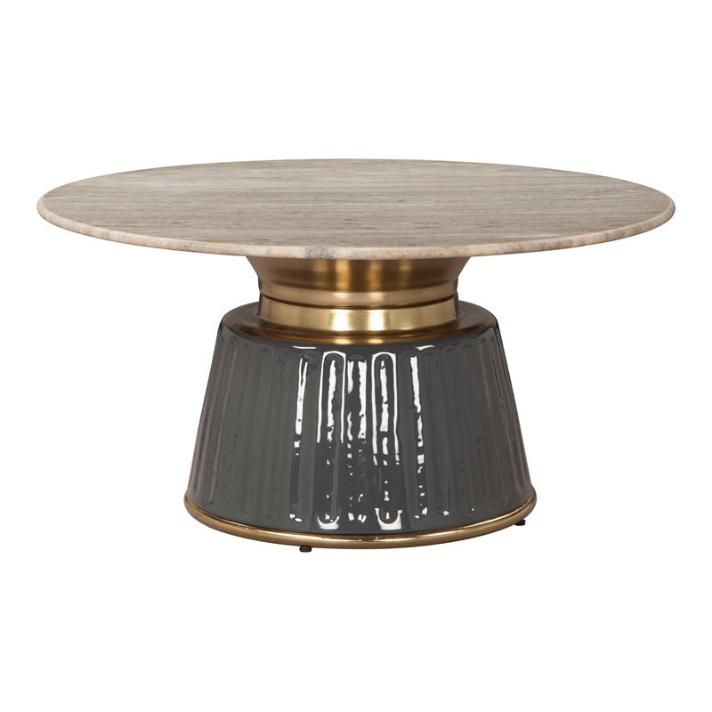 Pemberly Row Engineered Wood/Marble Top Round Coffee Table in Multi-Color