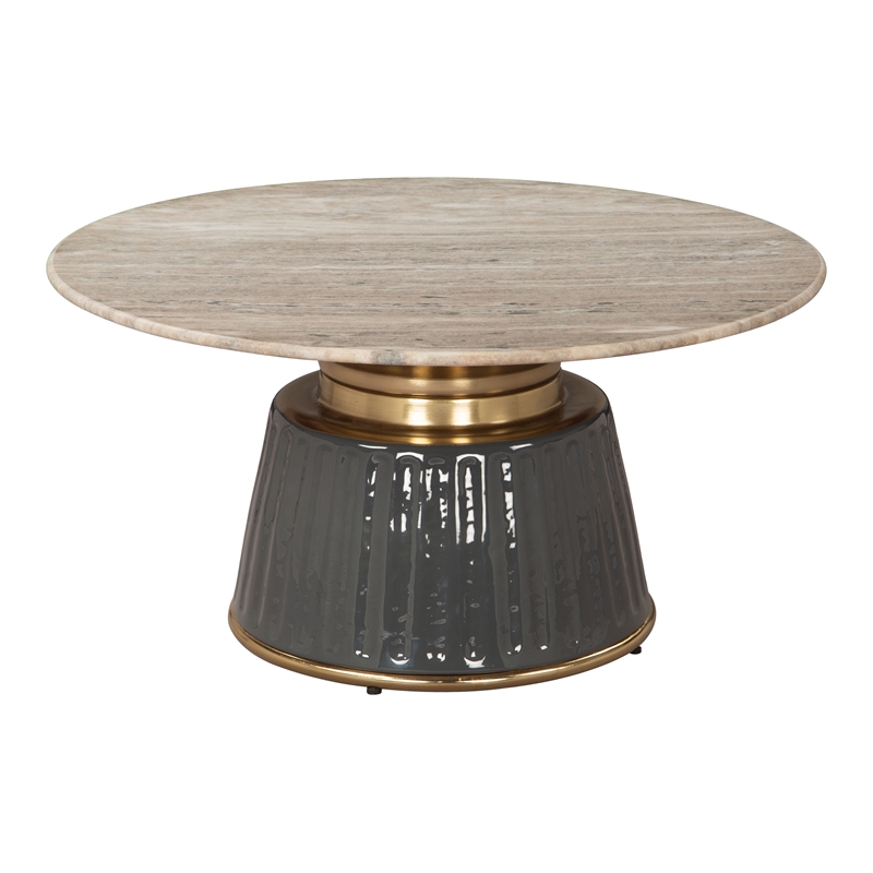 Pemberly Row Engineered Wood/Marble Top Round Coffee Table in Multi-Color