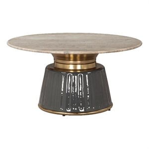 Pemberly Row Engineered Wood/Marble Top Round Coffee Table in Multi-Color