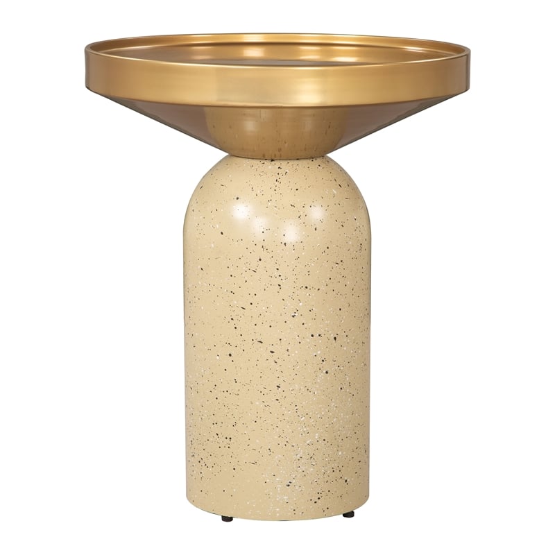 Pemberly Row Contemporary Electroplated Iron Round End Table in Gold & Beige