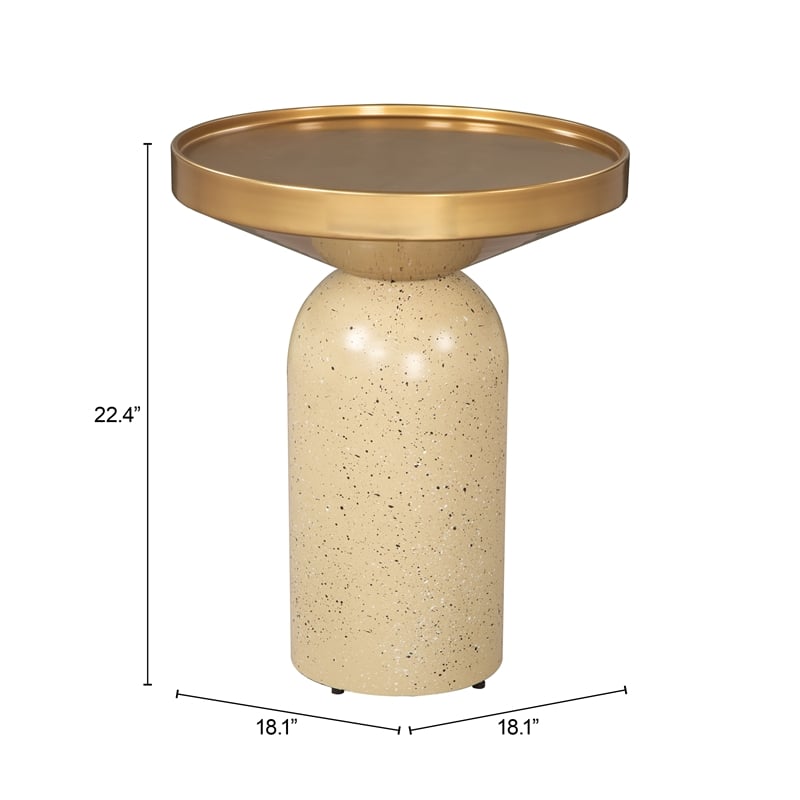 Pemberly Row Contemporary Electroplated Iron Round End Table in Gold & Beige