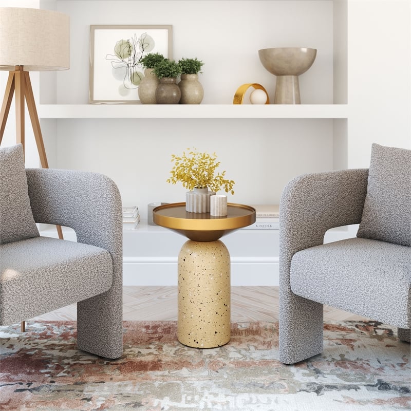 Pemberly Row Contemporary Electroplated Iron Round End Table in Gold & Beige