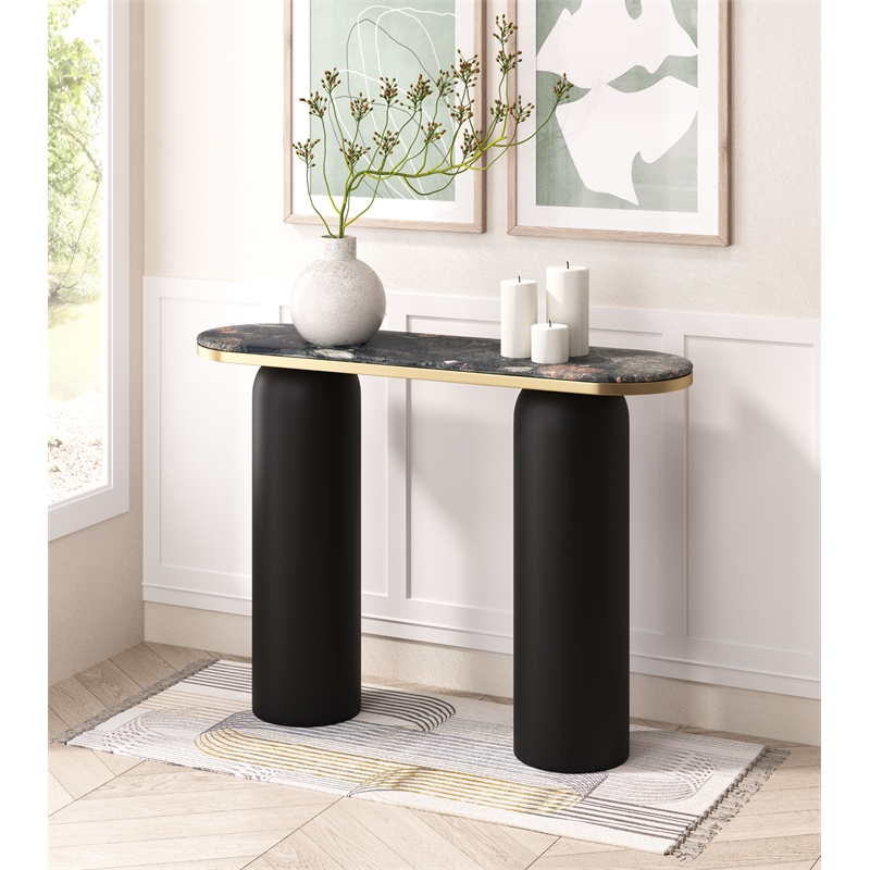 Pemberly Row Engineered Wood/Marble Top Oval Console Table in Multi-Color