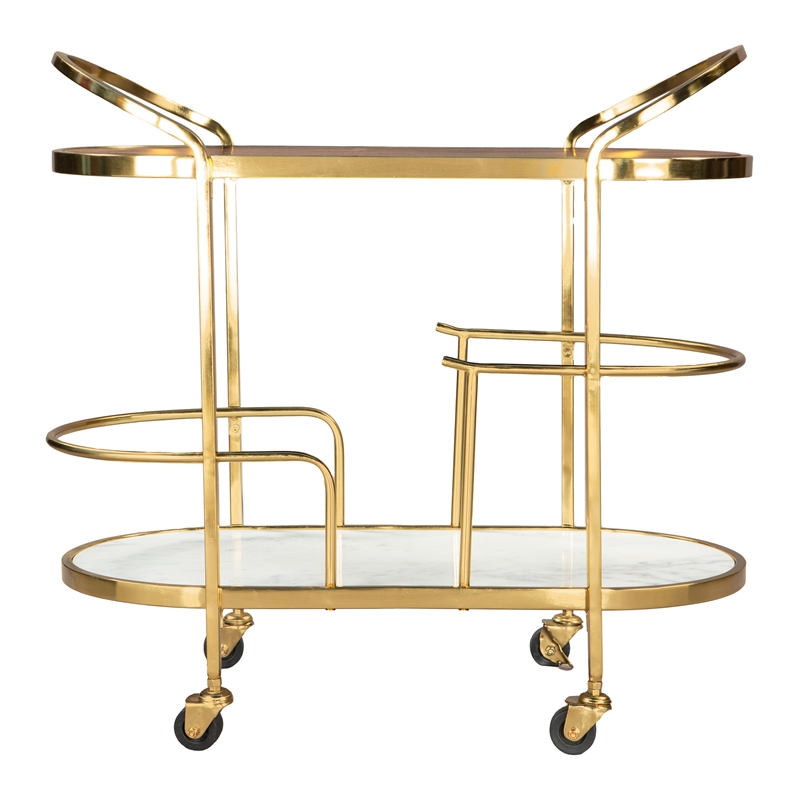 Pemberly Row Wood and Natural Marble Top Oval Bar Cart in Multi-Color