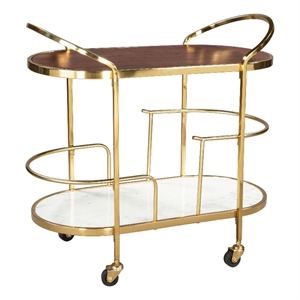 Pemberly Row Wood and Natural Marble Top Oval Bar Cart in Multi-Color