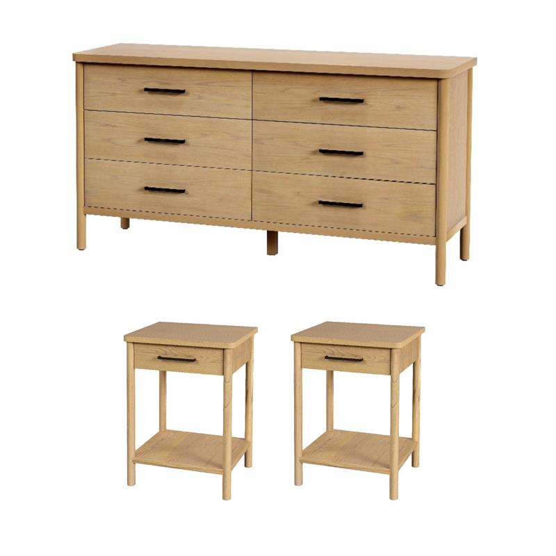 Pemberly Row Bedroom Set 3-Piece of 1-Drawer Nightstands & 6-Drawer Dresser