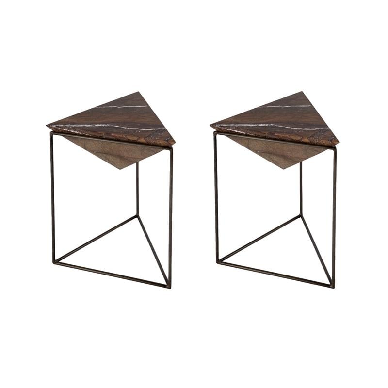 Pemberly Row Set of 2 Triangular Marble and Iron Side Table - Brown