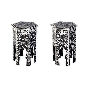 Pemberly Row Set of 2 16&quotW Hexagon Bone Inlay Side Tables in Black & White