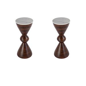 Pemberly Row Set of 2 Round Marble and Wood Side Tables in Brown