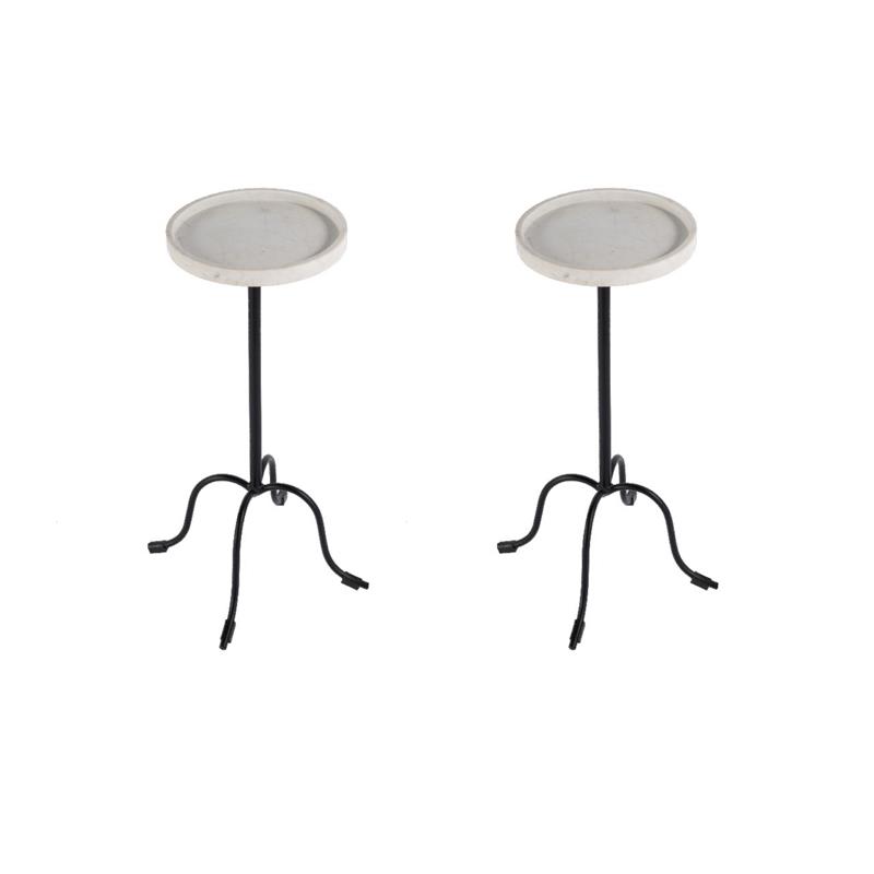 Pemberly Row Set of 2 Round Marble and Iron Side Tables in White and Black