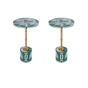 Pemberly Row Set of 2 14&quot Round Bone Inlay Iron Side Tables in Teal/Gold